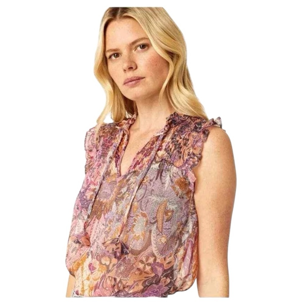 MISA LOS ANGELES AGOT TOP sleeveless ruffles smocked sheer floral size XS NWT